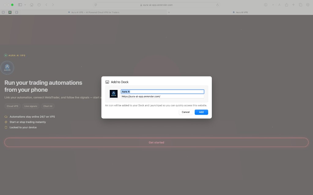 Safari Add to Dock dialog for Aura AI