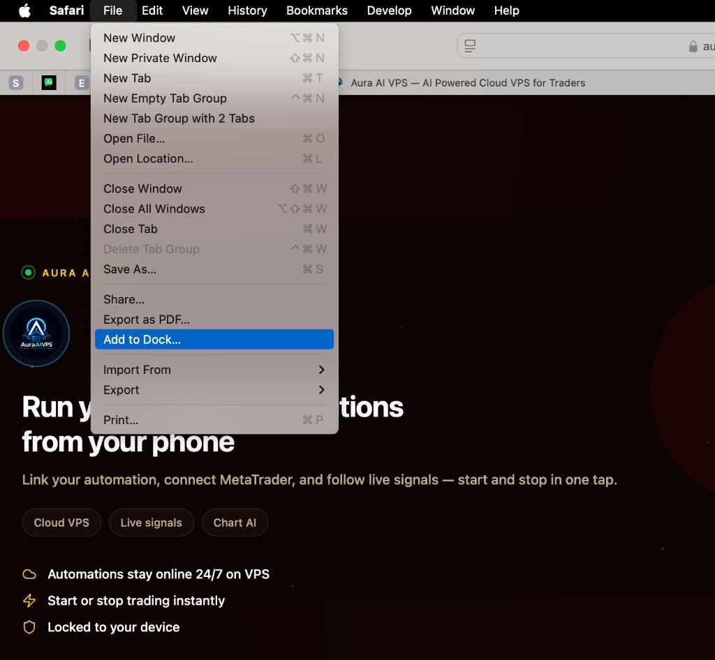 Safari File menu with Add to Dock selected